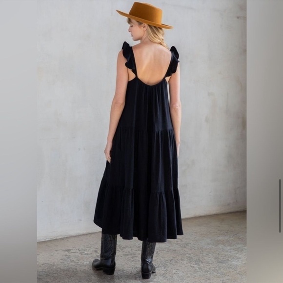 Xirena Rumer Scoop Neck Flutter Sleeve Gauze Tiered Midi Dress Black XL - Picture 3 of 11